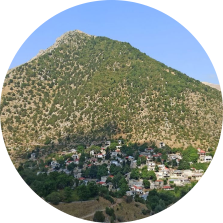 The village of Chaliki, a typical settlement on Mount Lakmos. Located at an altitude of 1,150 m above sea level, it lies below the alpine pastures and the Verlinga plateau, where the Acheloos River originates (July 2025; Photo credit: Giorgos Chatzinakos).