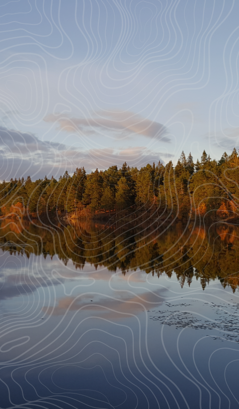 A beautiful lake in Norway with an autumnal forest in the background. Topographical lines are drawn over the image.  