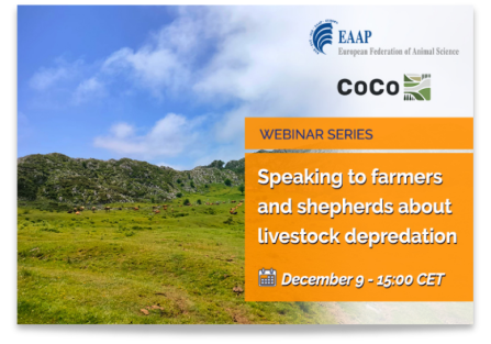 A poster for the Webinar: Speaking to farmers and shepherds about livestock depredation.